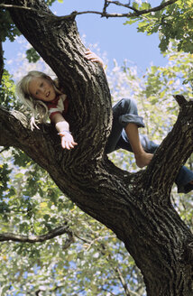 Girl (8-9) lying on tree branch, low angle view - CRF00603