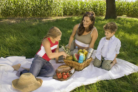 Mutter mit Tochter und Sohn beim Picknick, lizenzfreies Stockfoto