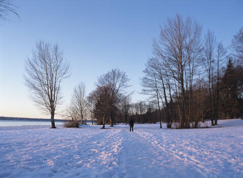 Mann geht durch eine Winterlandschaft, lizenzfreies Stockfoto