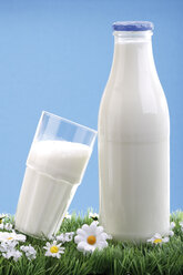 Milchflasche und Glas Milch, Nahaufnahme - 03166CS-U