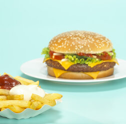 Cheeseburger mit Pommes frites, Nahaufnahme - WESTF00448