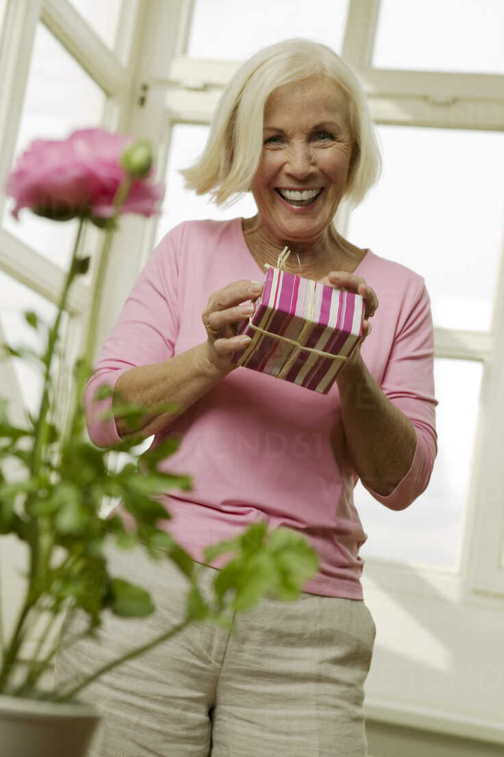 Elderly woman with gifts, Stock image
