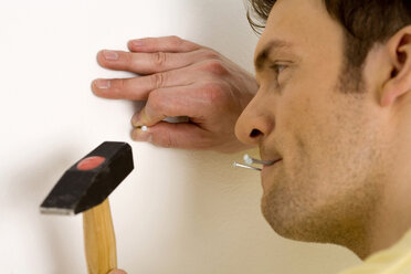 Man hammering nail into wall, close-up - WESTF00571