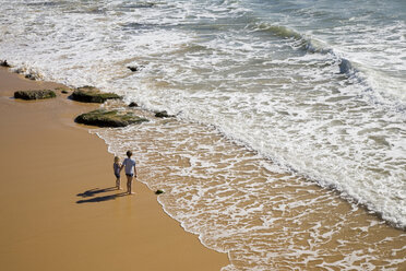 Portugal, Algarve, two boys (6-9) standing on beach, elevated view - MSF01921