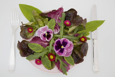 Frischer Salat mit essbaren Blüten, Nahaufnahme - GWF00278