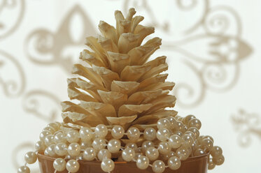 Tannenzapfen mit Perlen im Glas, , Weihnachtsdekoration, Nahaufnahme - WESTF01073