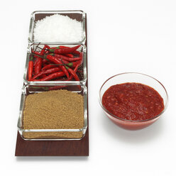 Red chillies with sauce, brown sugar and salt, close-up - WESTF00879