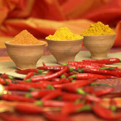 Curry, curcuma and chilli powder with red chillies, close-up - WESTF00848