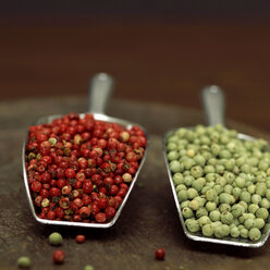 Red and green peppercorns in scoop, close-up - WESTF00829