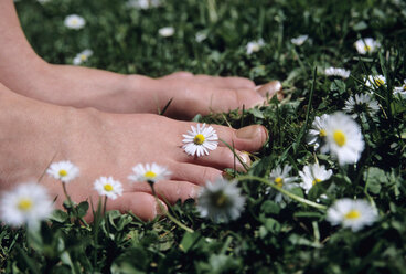 Feet on grass with daisy flowers, close-up - WESTF01140