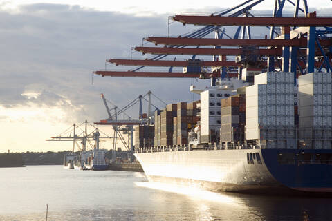 Germany, Hamburg, container ship in Waltershofer Hafen at Burchardkai stock photo