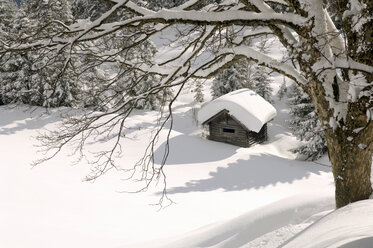 Österreich, Salzburger Land, Hütte in verschneiter Landschaft - HHF00479