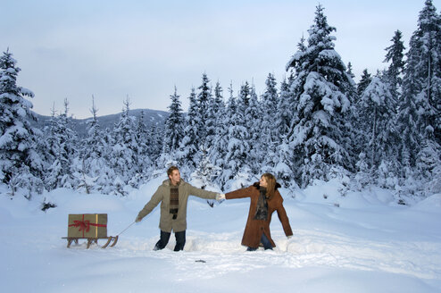 Junges Paar trägt Weihnachtsgeschenk auf Schlitten im Schnee - HHF00457