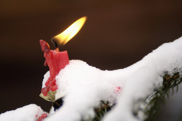 Burning candle on Christmas tree covered with snow, close-up - HHF00519