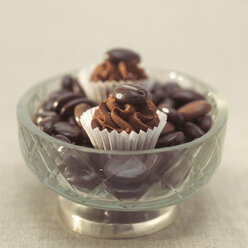 Espresso pralines with coffee beans in bowl, close-up - SCF00026