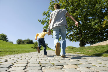 Vater und Sohn (4-7) laufen, Hand in Hand, Rückansicht - WESTF02261