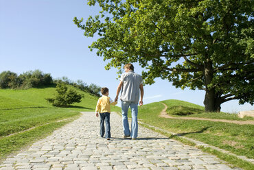 Vater und Sohn gehen Hand in Hand, Rückansicht - WESTF02256