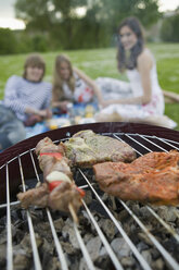 Meat on grill teenagers in background - KMF00264