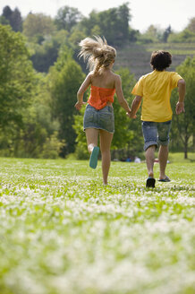 Young couple running in meadow with hand in hand, rear view - KMF00219