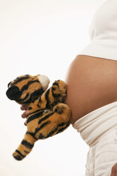 Pregnant woman holding soft toy on belly, midsection, close-up - LDF00267