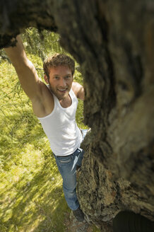 Junger Mann klettert auf Baum, Blick von oben - BABF00027