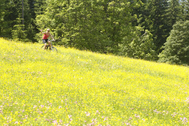 Junge Frau beim Mountainbiken im Feld - HHF00771