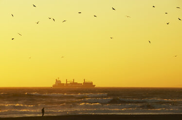 USA, Kalifornien, San Francisco, Schiff im Meer bei Sonnenuntergang - THF00348
