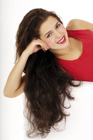 Young woman smiling, portrait stock photo