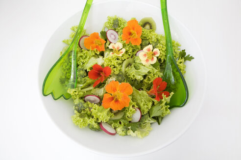 Frischer Salat mit essbaren Blüten, Nahaufnahme - GWF00397