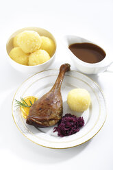 Roast goose with side dishes, elevated view - 05568CS-U