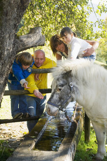 Familie beobachtet Pony am Springbrunnen - HHF01242