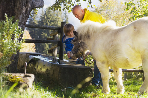 Vater und Sohn beobachten Pony am Springbrunnen - HHF01202