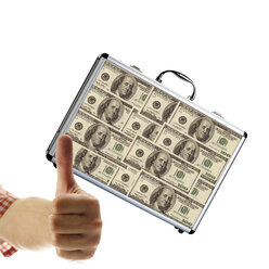 Suitcase filled with US 100-dollar-bills, hand giving thumbs up in foreground - 05732CS-U