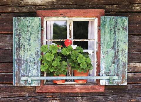 Österreich, Bauernhaus mit Topfpflanzen auf einer Fensterbank, lizenzfreies Stockfoto