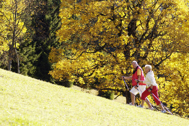 Seniorenpaar beim Nordic Walking, Seitenansicht - WESTF04302