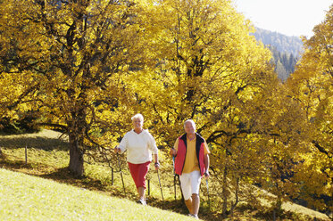 Senior couple Nordic walking outdoors - WESTF04297