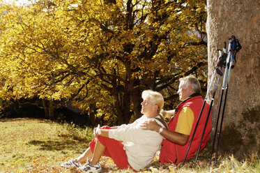 Senior couple sitting in meadow, man leaning on tree, side view - WESTF04290