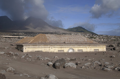 Montserrat, Plymouth, ruined Court House after volcanic eruption - RM00171