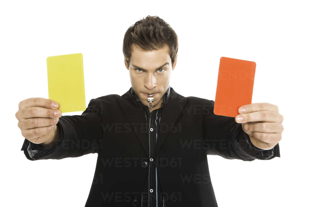 Man holding red card stock photo