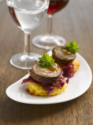 Fingerfood with dumplings, red cabbage and slices of roulade, close-up - KSW00058