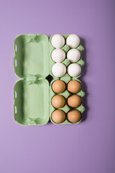 Weiße und braune Eier im Karton, Ansicht von oben - MNF00117