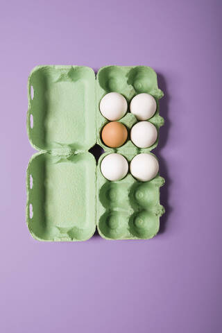 Five white and one brown egg in an egg box, elavated view stock photo