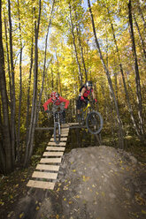 Italy, South Tyrol, Bozen, mountainbikers overcoming an obstacle - FFF00863