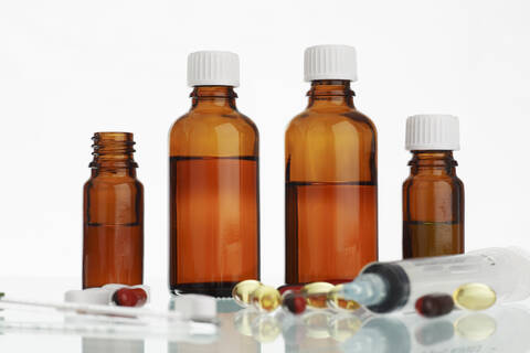 Medicine bottles, tablets, close up stock photo