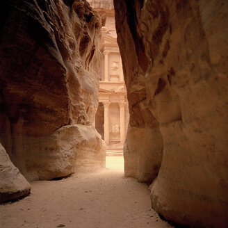 Jordan, Petra, Rock formation, temple in background - GA00079