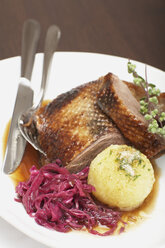 Roasted goose with red cabbage and dumpling on plate, close-up - SC00299