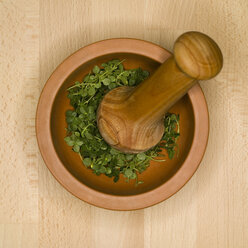 Thyme in mortar with pestle, elevated view - MUF00549