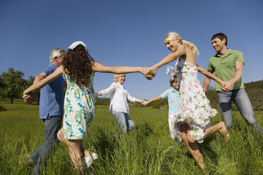 Germany, Baden Württemberg, Tübingen, Three generation family dancing in meadow - WESTF08959