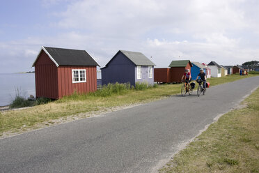 Denmark, Mountainbikers riding across coastal highway - DSF00186