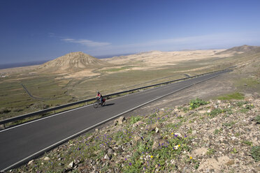 Spanien, Die Kanarischen Inseln, Fuerteventura, Mountainbiker fährt über die Landstraße - DSF00164